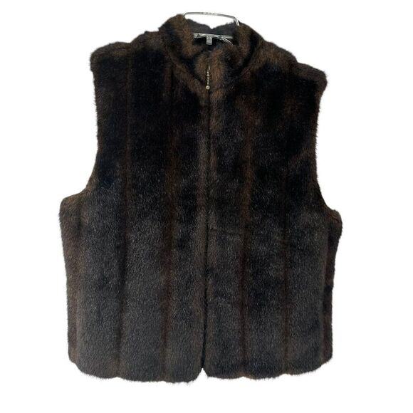 Faux Fur Vest Brown Preston York Full Zip Womens Size M Classic Mock Neck Lined - Picture 2 of 11